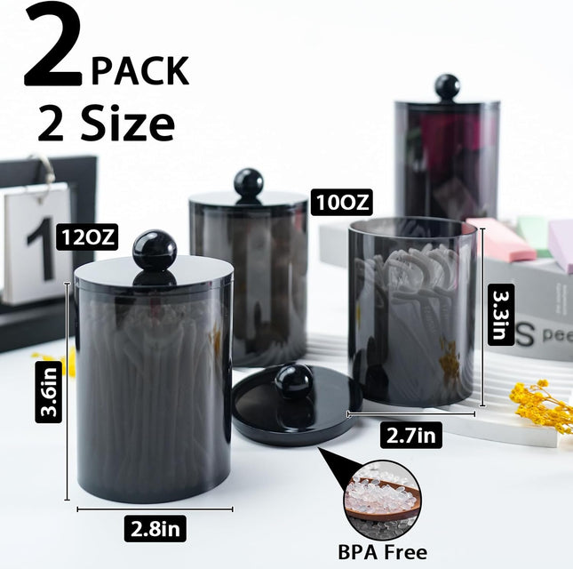 2-Pack Q-Tip Holders – Black Bathroom Jars for Cotton Swabs & Pads, 10-12oz