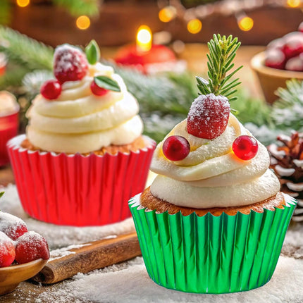 200PCS Christmas Foil Cupcake Liners – Red & Green Metallic Baking Cups