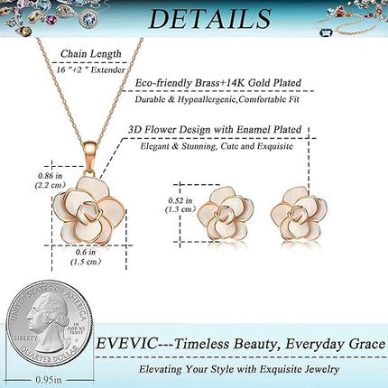 Rose Flower Necklace & Earrings Set for Women – 18K Gold Plated, Hypoallergenic Jewelry