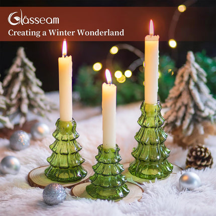 3PCS Green Glass Candle Holders Christmas Tree Ribbed Table Centerpiece