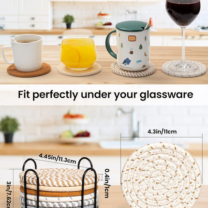 8PCS Drink Coasters Set with Holder Absorbent Woven Cotton Coasters