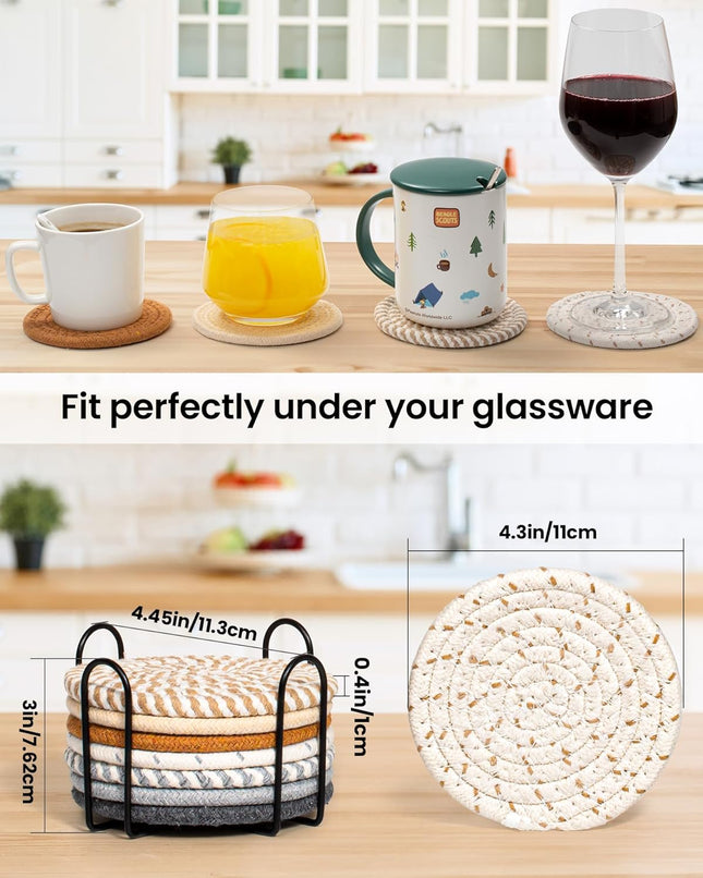 8PCS Drink Coasters Set with Holder Absorbent Woven Cotton Coasters