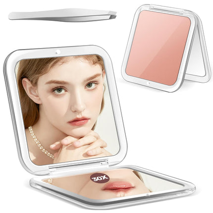 30X Magnifying Compact Makeup Mirror, 30X/1X Pocket Mirror with Tweezers