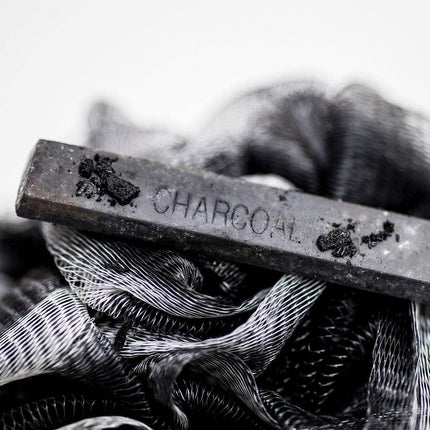 Long Handle Loofah Back Scrubber with Bamboo Charcoal, Pouf & Hook, Slate Grey