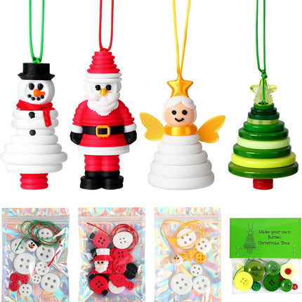 4 pcs DIY Holiday Button Ornament Kit Santa, Snowman, Angel & Christmas Tree Set