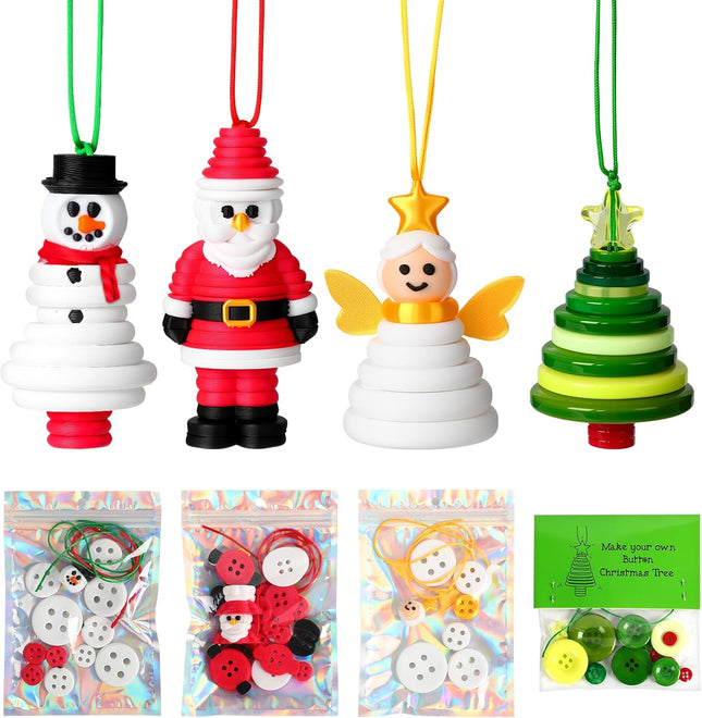 4 pcs DIY Holiday Button Ornament Kit Santa, Snowman, Angel & Christmas Tree Set