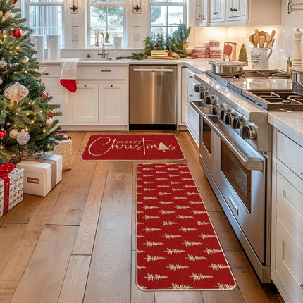 Winter Kitchen Rugs Set of 2 Red Xmas Tree Mats 17x29 & 17x47 Inches