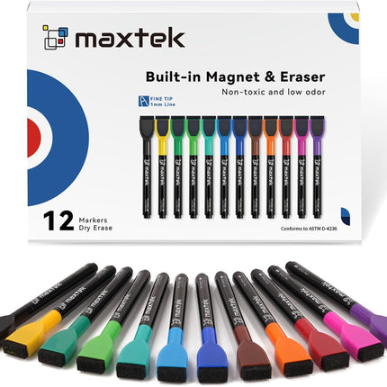 12-Pack Magnetic Whiteboard Markers – Thin, Low-Odor, with Eraser