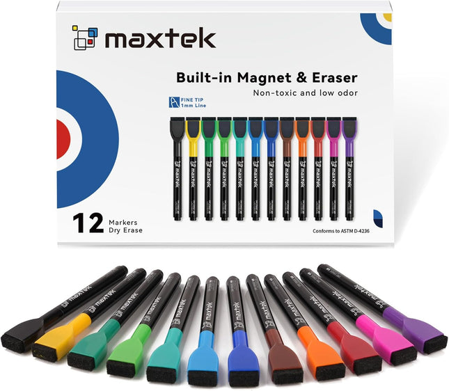 12-Pack Magnetic Whiteboard Markers – Thin, Low-Odor, with Eraser