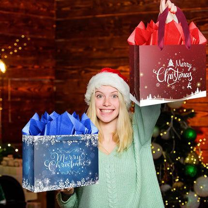 2 Pack Large Christmas Snowflake Gift Bags – With Tissue & Card (Red & Blue)