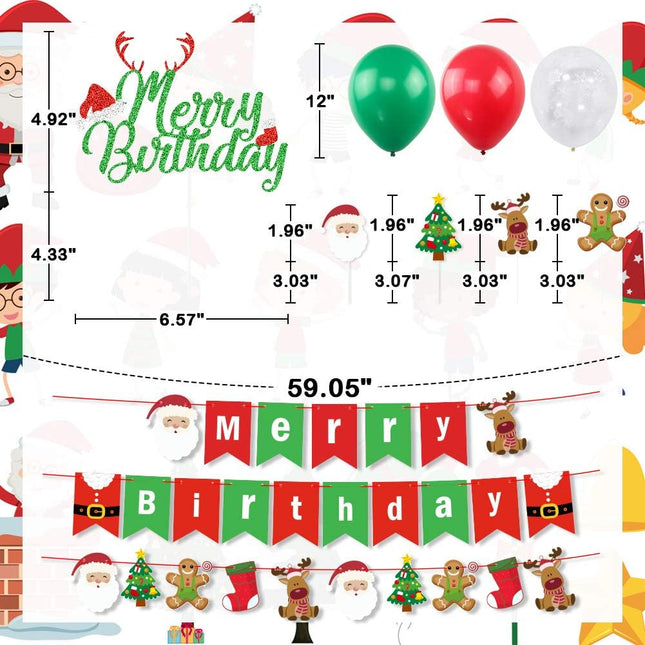 Christmas & Birthday Decorations Kit – Merry Banner, Glitter Cake Topper, Santa, Tree & Snowflake