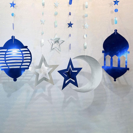 16PCS Silver Blue Ramadan Decorations: Star, Moon Lantern Garland & Eid Mubarak