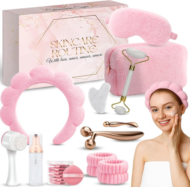Cute Pink Skincare Tools Set for Teens, Face Washing & Cleansing Kit, Self-Care Gift