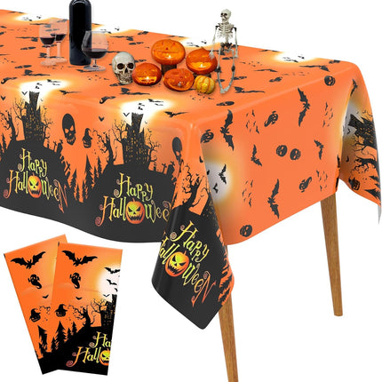 2-Pack Halloween Plastic Tablecloths 108x54in, Orange Castle Witch Party Table Decor