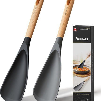 2 Pack Silicone Cooking Spoon with Wooden Handle, Heat Resistant Nonstick Safe