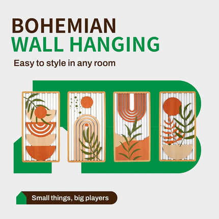 Bohemian Wall Art Set of 4, Abstract Geometric Plant Pattern, Warm Tone Decor