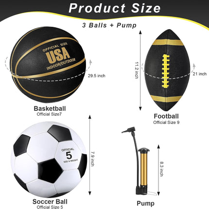 3 Piece Sports Ball Set, Size 7 Basketball, Size 5 Soccer Ball, Size 9 Football