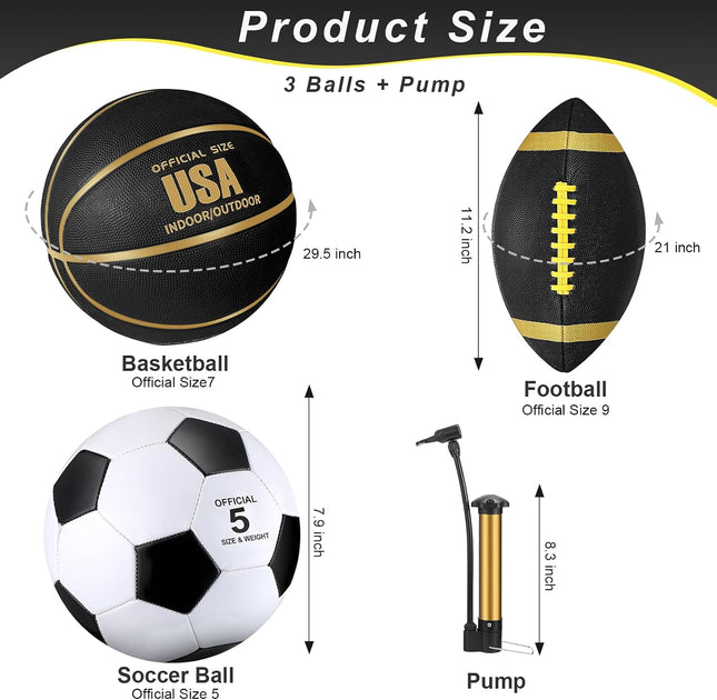 3 Piece Sports Ball Set, Size 7 Basketball, Size 5 Soccer Ball, Size 9 Football