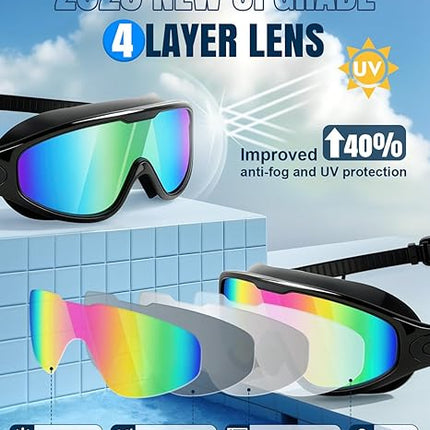 Swim Goggles 2 Pack Wide View Anti-Fog & UV Protection for Adults and Kids
