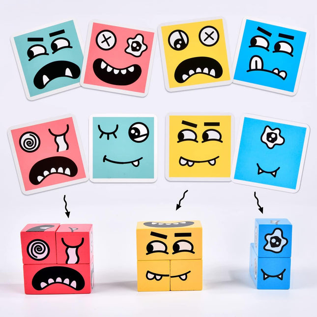 Wooden Face Changing Magic Cube, Expression Matching Puzzle Game for Kids & Adults