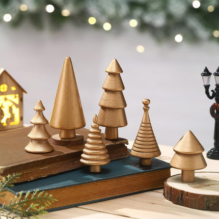 6PCS Mini Wooden Christmas Trees Gold Rustic Tabletop DIY Craft Decor
