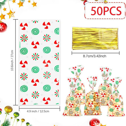 50PCS Christmas Treat Bags – Red & Green Candy Print Cellophane Candy Bags for Holiday Gifts