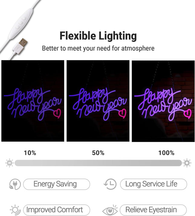 Happy New Year Neon Sign – 16.5×12in USB Powered Wall & Party Decor