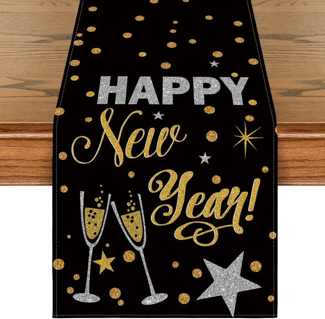 Cheers Black & Gold 2025 New Year Table Runner – 13x72 Inch Party Decor