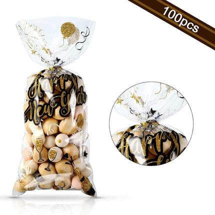 100 PCS Happy New Year Cellophane Treat Bags Black & Gold Party Favors