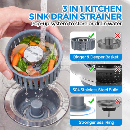 3-in-1 Kitchen Sink Drain Strainer Stopper Stainless Steel Pop-Up Basket Silver