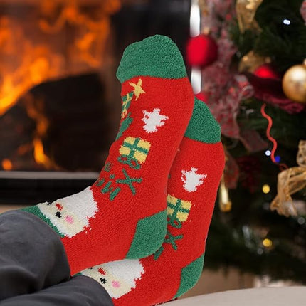 Adult Christmas Fuzzy Socks with Grips Plus Size Warm Cozy Holiday Gift