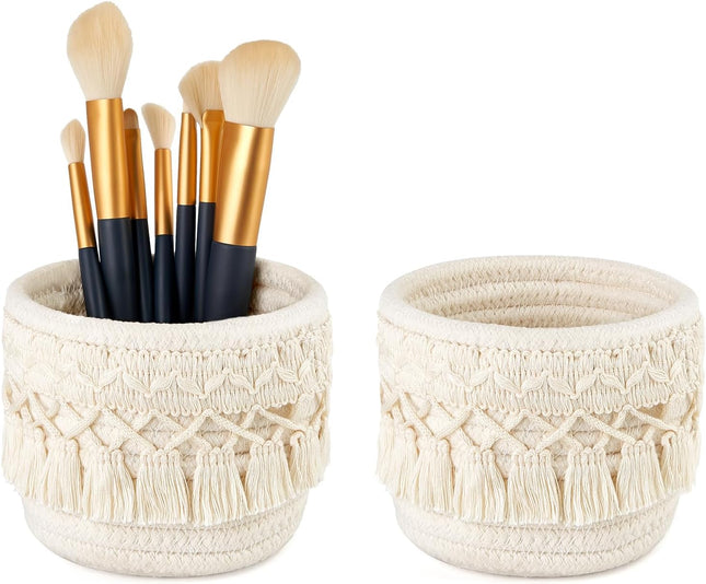 Set of 2 Ivory Macrame Makeup Brush Holders, Mini Boho Woven Storage Baskets