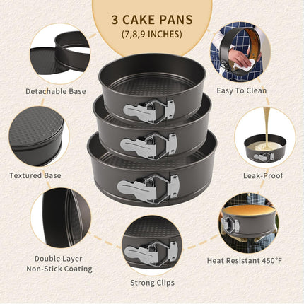 122PCS Cake Pan Set 7 8 9in Springform Pans Piping Bags Decorating Kit