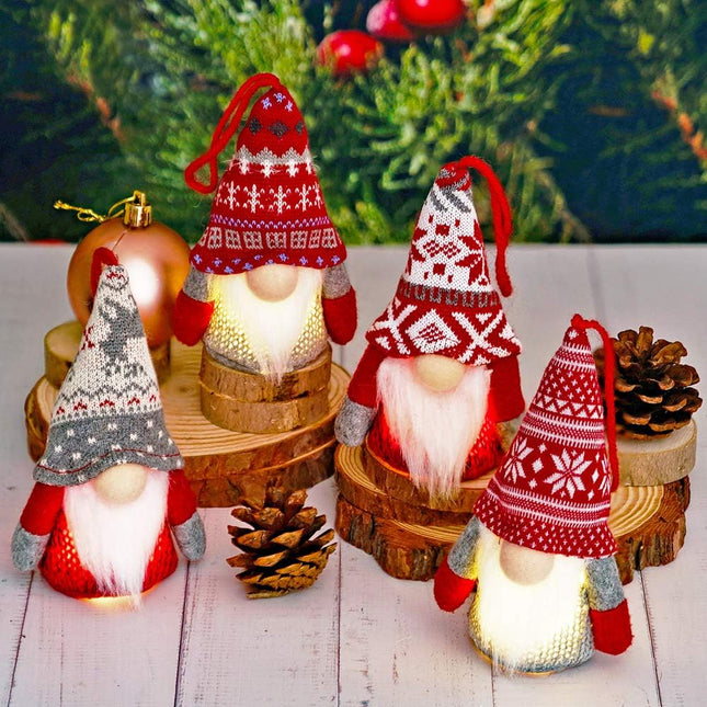 Christmas Gnome Ornaments with Lights Plush Tomte Elf 4 Pack Home Decorations