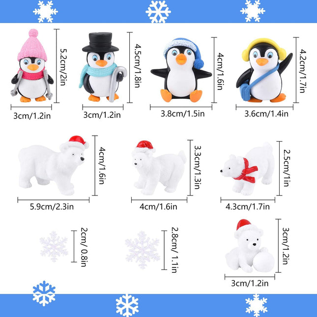 12PCS Winter Resin Penguin Polar Bear Snowflake Mini Christmas Figurines