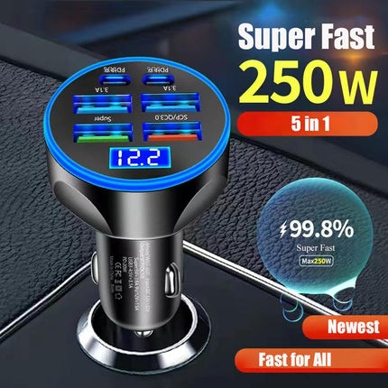 250W 6-in-1 USB C Car Charger, Fast Charge Adapter with Voltage Display