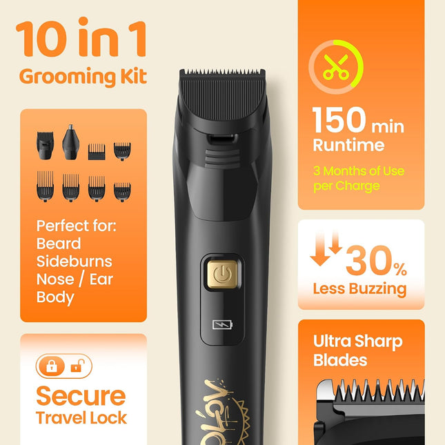 10-in-1 Electric Beard & Nose Hair Trimmer, Cordless Men's Grooming Kit, Black