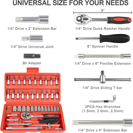 46 Piece 1/4 Inch Ratchet Socket Tool Set with Extension Bar for Car Repair