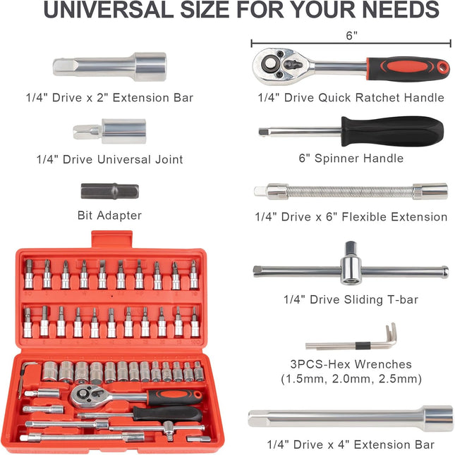 46 Piece 1/4 Inch Ratchet Socket Tool Set with Extension Bar for Car Repair