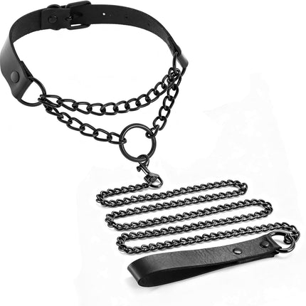 Gothic Black Pet Collar and Leash Set Leather Chain Punk Dog Accessory