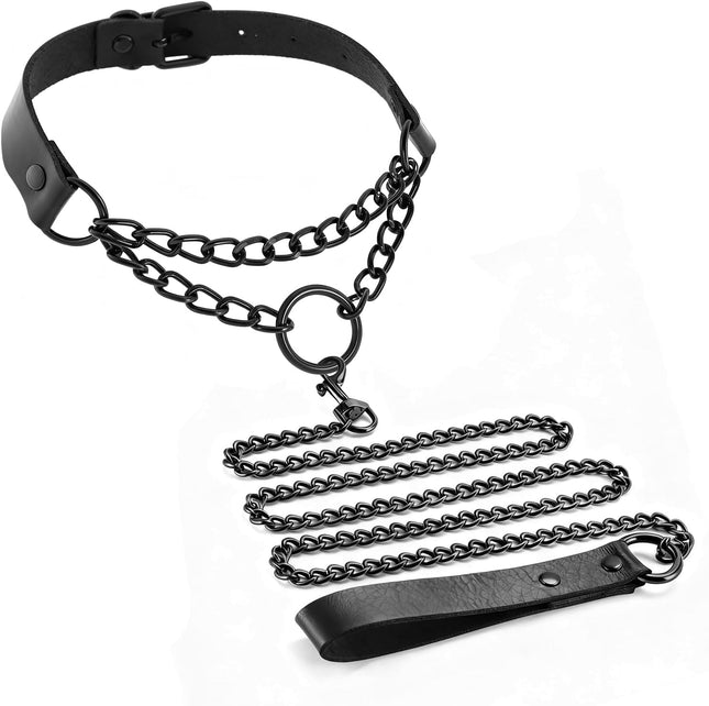 Gothic Black Pet Collar and Leash Set Leather Chain Punk Dog Accessory