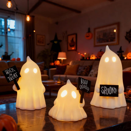3-Piece Lighted Halloween Ghost Decor, Cute Tabletop Decorations for Home Indoor