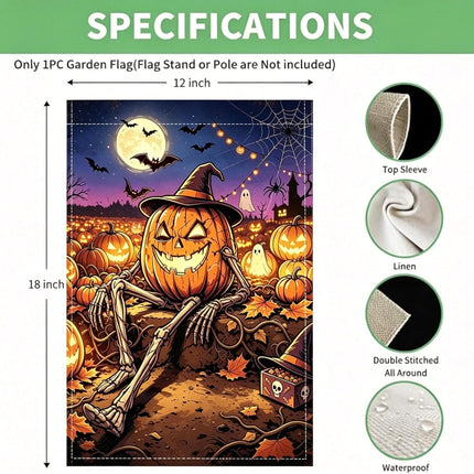 Halloween Pumpkin Skeleton Garden Flag 12x18in, Double-Sided Waterproof Yard Decor