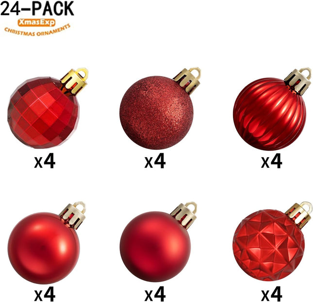 24PCS Red Christmas Balls – 1.57" Shatterproof Ornaments for Trees