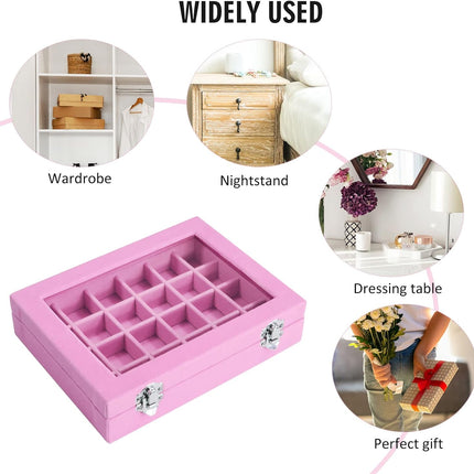 Velvet Jewelry Box – 24-Grid Ring & Earring Organizer, Pink for Women