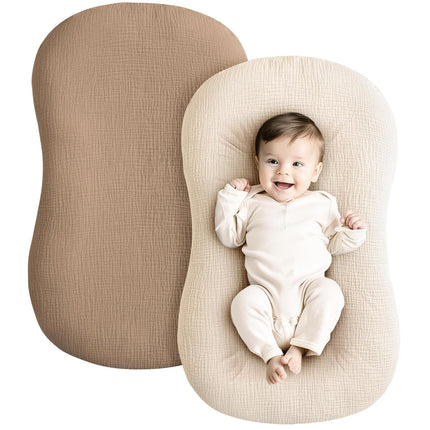 2-Pack Muslin Baby Lounger Covers, 100% Cotton, Soft Breathable Slipcovers, Brown/Wheat