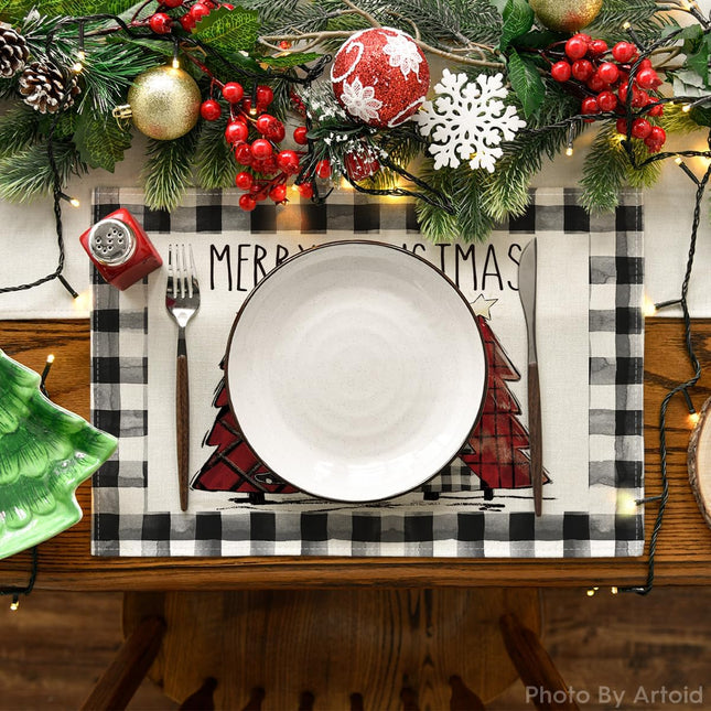 Buffalo Plaid Christmas Trees Placemats 12x18 – Set of 4 Winter Table Decor