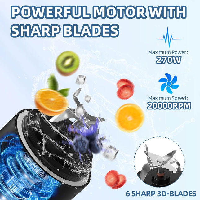 Portable Blender 20oz Cordless Personal Smoothie Maker with 6 Blades, Black