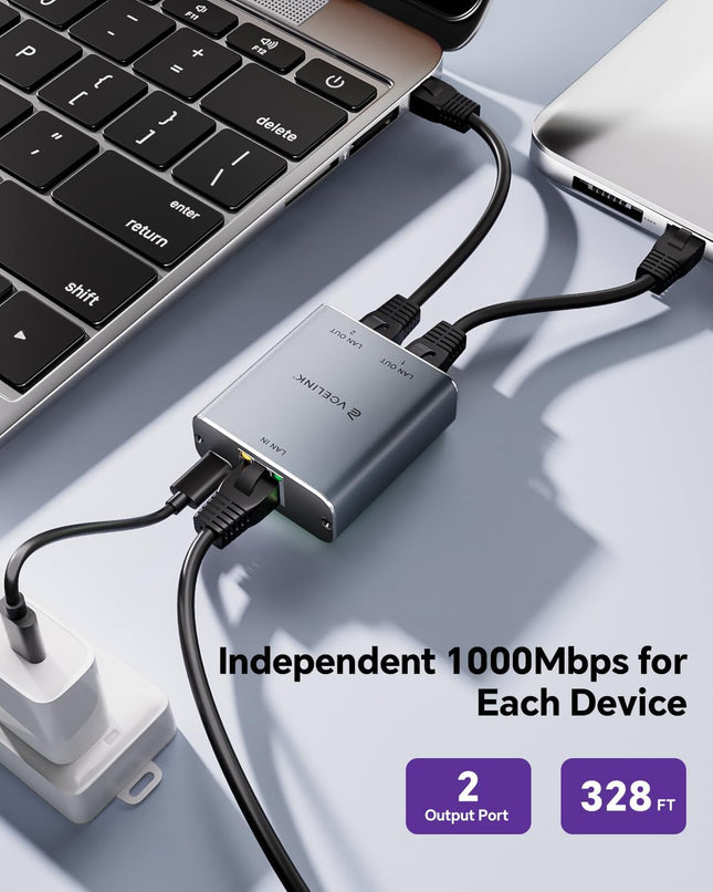 Ethernet Splitter 1 to 2, 1000Mbps, USB Power, Compatible with PS5, Xbox, Laptops