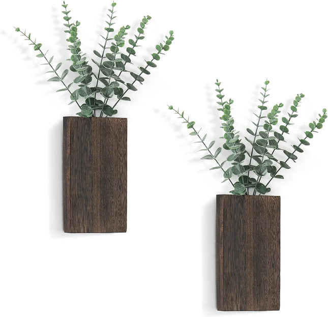 2-Pack Wooden Wall Planter Vases – Farmhouse Decor with Fake Eucalyptus Greenery